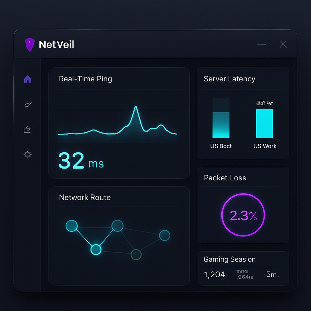 NetVeil network diagnostics dashboard on Windows showing latency, speed test and bufferbloat results